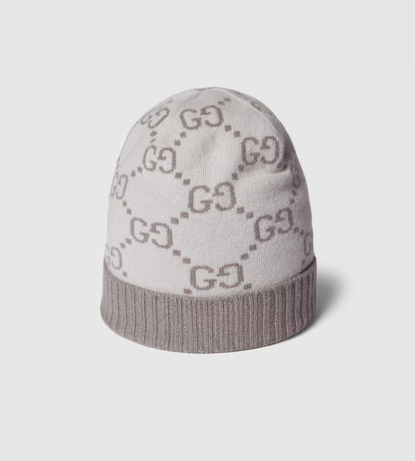 Bonnet et Écharpe en jacquard de cachemire GG ivoire et gris clair